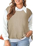 Eytino Womens Plus Size Sweaters Cap Sleeve Color Block Sweater Vest Color Block Ribbed Knit Pullover Tunic Tank Tops Khaki 3X