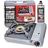 Chef Master 12,000 BTU Portable Butane Stove - Gas Burner for Camping & Outdoor Cooking - Countertop Cooktop with Carry Case, Wind Guard & Electronic Ignition - Portable Cooker & Burner Stove – 90235