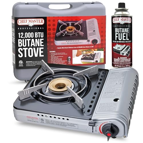 Chef Master 12,000 BTU Portable Butane Stove - Gas Burner for Camping & Outdoor Cooking - Countertop Cooktop with Carry Case, Wind Guard & Electronic Ignition - Portable Cooker & Burner Stove – 90235