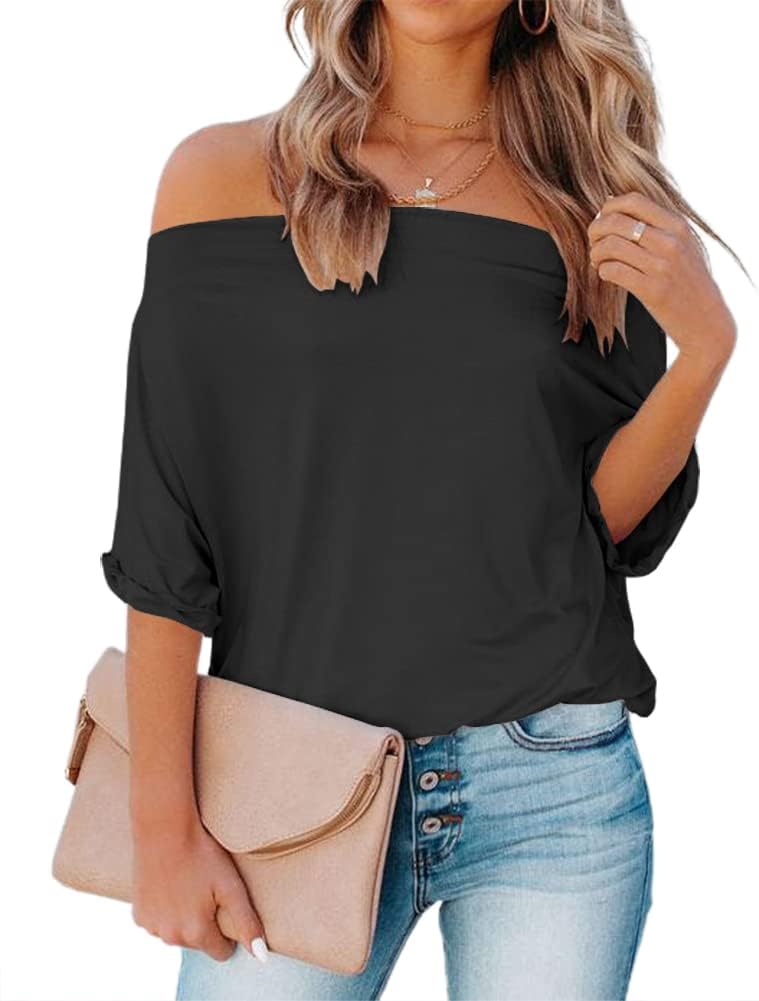 REVETRO Women's Off Shoulder Tops Casual Short Batwing Sleeve Summer Loose T Shirt Tunic Blouse…