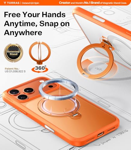 Image of TORRAS Ostand Q3 Spin Case for iPhone 17 Pro with 360 Rotatable Stand, 18N Magnetic Lock Back Cover, Military-Grade Shockproof Protection for Hands-Free Viewing Original Imported - Orange
