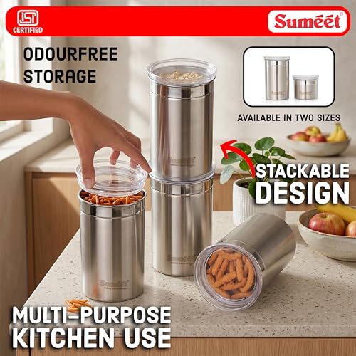 Image of Sumeet ISI Certified Stainless Steel Big Canisters /Dabba /Storage Containers for Kitchen with See Through Air Tight Lid - Set of 4 Pcs - 1100ml, 10cm Dia, Silver