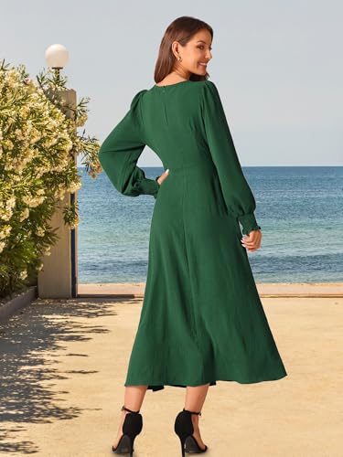Image of Seta T Women's Fall Dress Frilled Long Sleeve A-Line Casual Midi Dresses | Crewneck, Smocked Cuff, Front Pleated, Pockets, Flowy and Lightweight, Party Elegant Outfit 2026