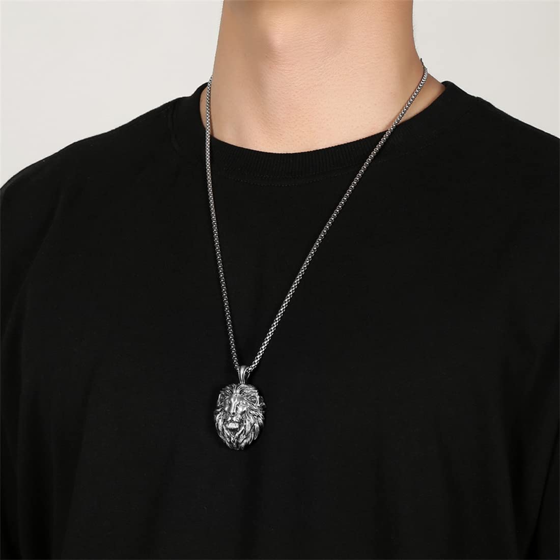 Herren Reines Zinn Löwenkopf Anhänger Wikinger Retro Löwenkopf Anhänger Halskette,Silber,60cm