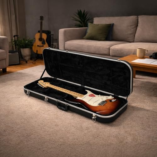 Image of SKB Hardshell Rectangular Travel Case for Electric Guitars with Molded In Bumpers for Protection, Plush Lined Interior and Latches, Black