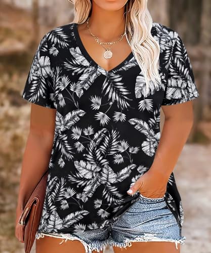 Image of RITERA Women Plus Size Tops Tie Dye V Neck Shirt Floral Camo Summer Short Sleeve Tunic Oversized Ladies Blouse XL-5XL