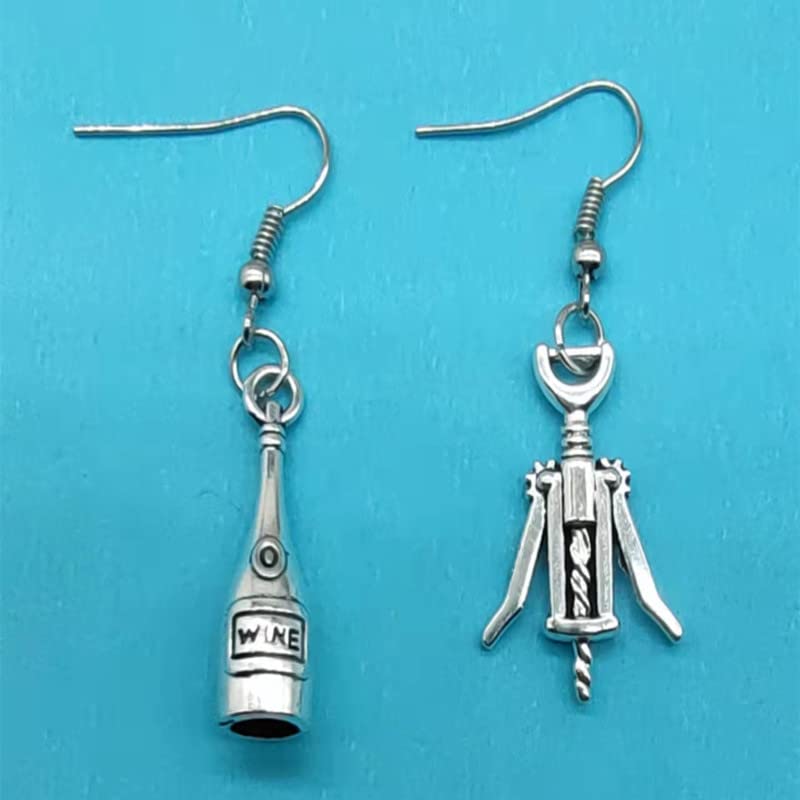 Ancient Silver Wine bottle and corkscrew earrings,wine earrings,wine drinker gift,asymmetry earrings