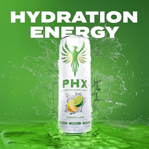 Image of PHX Hydration Energy Drink - 700mg Electrolytes, 200mg Natural Green Tea Caffeine, 100% Daily Value 8 Essential Vitamins - 12 oz Cans (12 Pack, Lemon Lime)