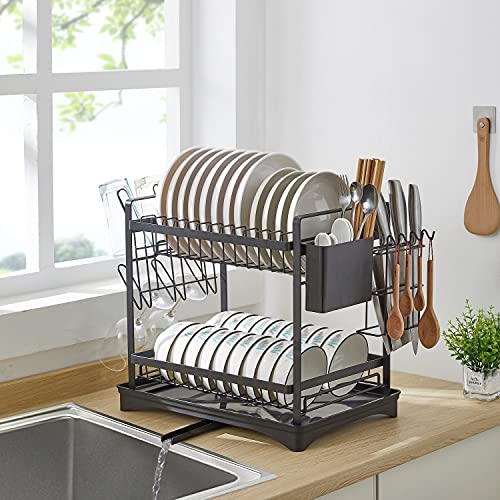 Dish Drying Rack, 2-Tier Dish Rack Drain Board Set, Kitchen Organizer with Swivel Spout, Utensil Holder, Cup Holder and Dish Drainer for Kitchen Counter