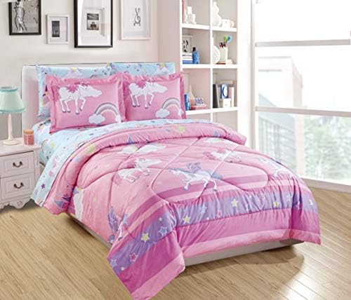 Linen Plus Comforter Set for Girls/Teens Unicorn Rainbow Castle Pink Purple Yellow White New (Full)
