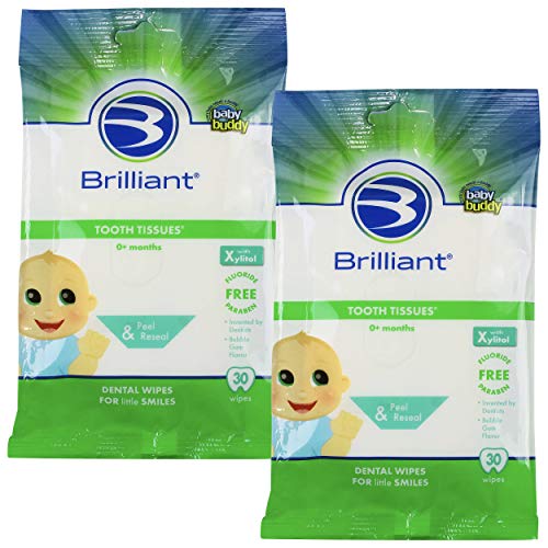 Image of Brilliant Tooth Tissues with Xylitol, Teeth Wipes for Babies and Toddlers, Safe if Swallowed, Fluoride Free, 60 Count (2 Packs of 30)