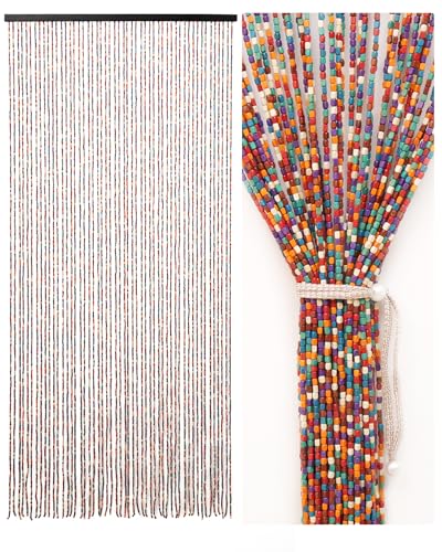 Ezcasch 90 * 190cm Bamboo Beaded Door Curtain for Doorways as Decoration Screen 52 Strands Bohemian Rainbow Bead Curtain craft made of bamboo & wooden beads for window/room, Colourful