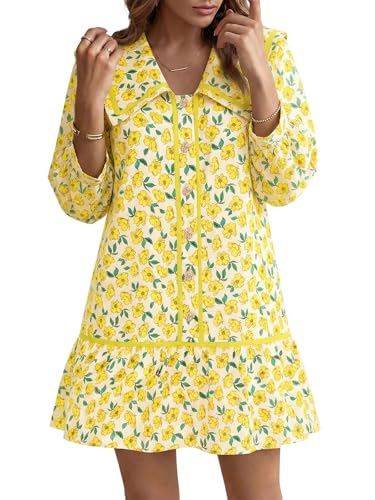 Image of Wenrine Womens Casual Shirt Dresses 3 /4 Long Sleeve Floral Button Down Flowy Babydoll Fall Mini Dress