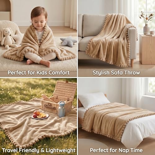 Image of BSB HOME 280 GSM Pom Pom Blanket, Ultra Soft Plush Fleece Throw Blanket with Pom Pom Fringe, Cozy Lightweight Warm Blanket for Sofa, Couch, Bed, Skin Friendly & Easy Care, 45 x 60 Inches - Warm Sand
