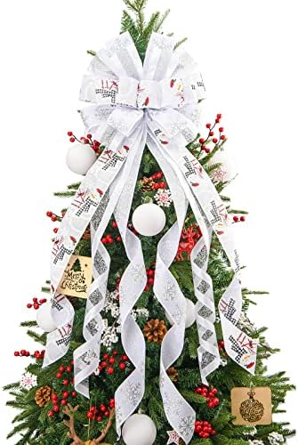 Christmas Tree Topper,45x13 Inches Large Snowman Toppers Bow with Merry Christmas and White Snowflake for Christmas Decoration(White Snowman)