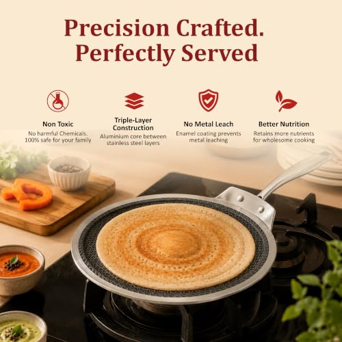 Image of Vinod SAS Pro Platinum Triply Stainless Steel Flat Multi Tawa 28 cm | 4 mm Thick | Hexa Shield Design Stick-Resistant Surface | Metal Spatula Safe | Induction Compatible | Ideal for Roti, Chilla, Dosa