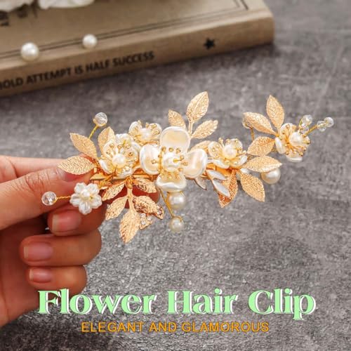 Pinza para cabello con flores y perlas dorada miniatura 2