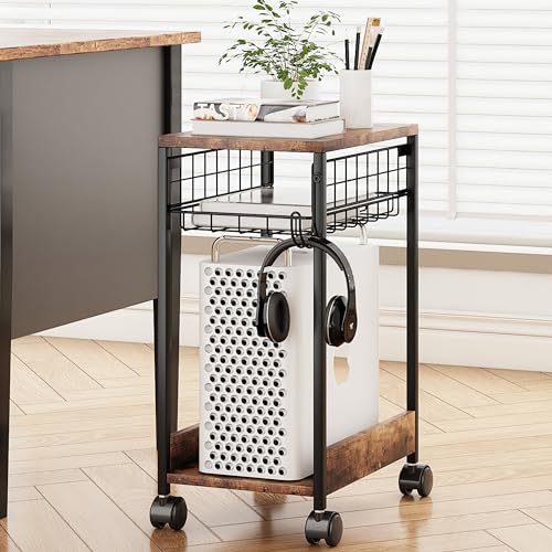 Suporte de Torre de Computador de 3 Níveis, Suporte de CPU Marrom com Rodas Giratórias, Suporte de Torre de PC Móvel para Escritório, Casa Estúdio