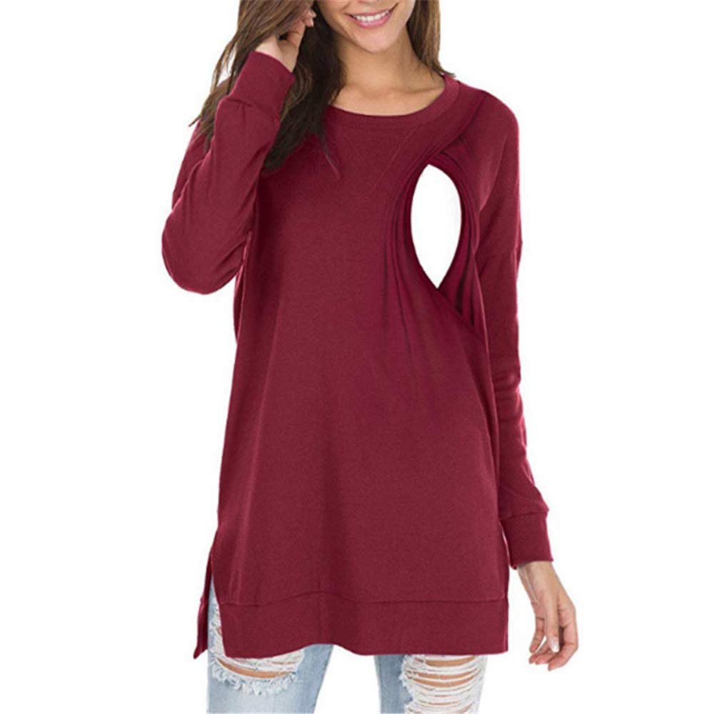 AIMEITE Womens Maternity Nursing Tops Breastfeeding Shirt Loose Casual Round Neck Long Sleeve Side Split Top Tunic