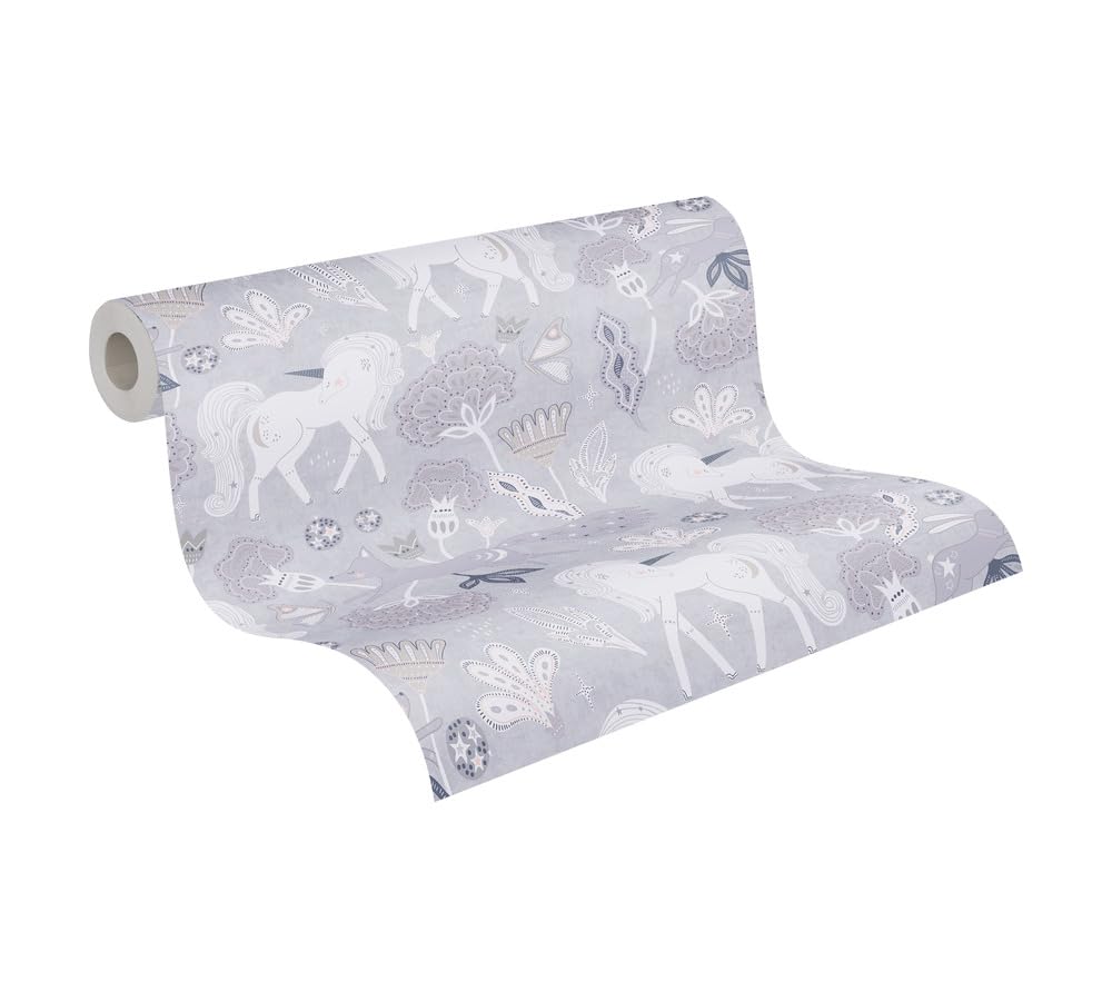 A.S. Création Lilly & Luis papel pintado no tejido con motivo para niños en gris, rosa, blanco – papel pintado unicornios 10,05 x 0,53 m – 771381