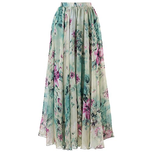 CHICWISH Womens Green Floral Printed Elastic Waist Frill Hem Slip Maxi Chiffon Skirt Size M-L