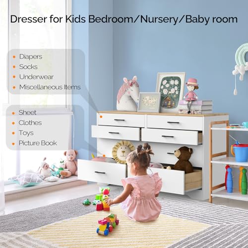 Image of VINGLI 8 Drawer Dresser 56 inch Long, White Dresser for Bedroom Baby Nursery, Wood Dressers with Combination Drawer Sizes, 17.72 inch D x 56 inch W x 32.28 inch H