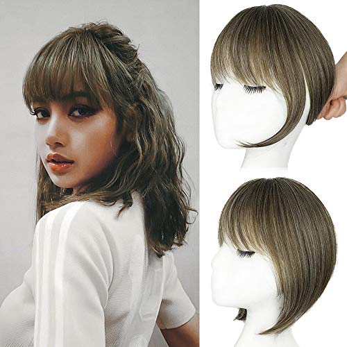 KooKaStyle Clip in Bangs 3D Air Bangs Straight French Fringe Hair Patch Synthetic Topper Cover Hairpieces with Bangs for Women One Piece Bangs with Temples (Cold Brown mix White)