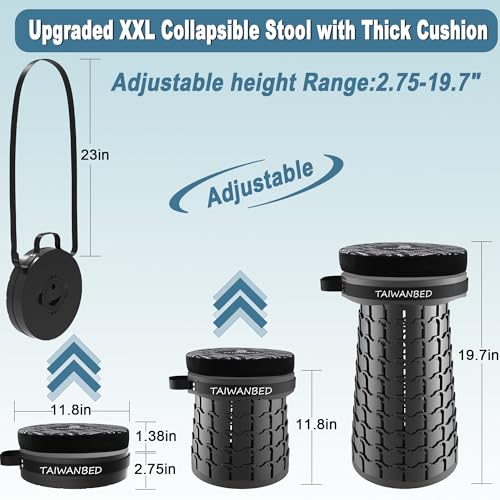 Image of Upgraded XXL Taller 19.7 inch Wider 11.8 inch Collapsible Stool with Cushion,Adjustable Seat with Load Capacity 1000lbs, More Taller&Wider Portable Retractable Stool for Adults Camping Fishing Hiking BBQ