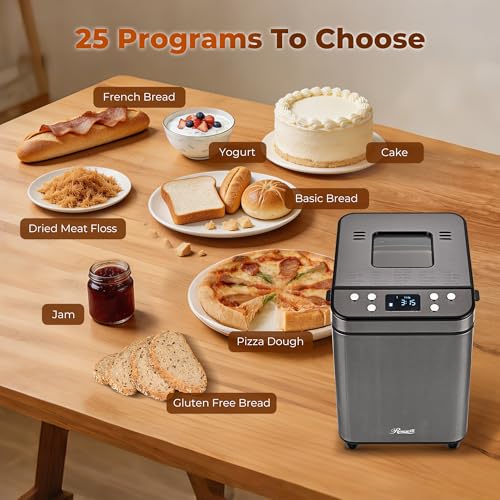 Image of Rosewill 25-in-1 Automatic Bread Maker Machine with 3 Loaf Size up to 2 Lb, 700W High Power Dual Heater with BPA-free Nonstick Coating Pan, Max 15 Hours Delay Timer, Low Noise - Gray