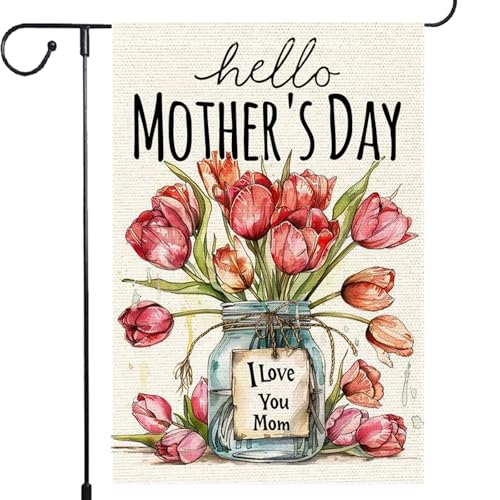 Happy Mothers Day Garden Flag 12x18 Inch Vertical Double Sided Burlap Small Floral Tulip Mason Jar Flower Home Yard Outside Outdoor Spring Garden Flags Decoration