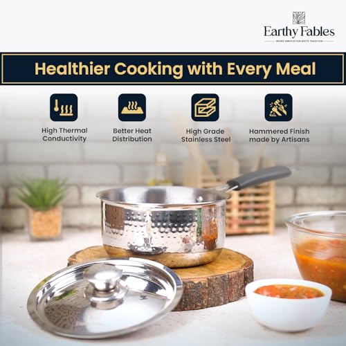 Image of Earthy Fables Hammered Stainless Steel Saucepan with Steel Lid, Food Safe, Rust Resistant, Toxin-Free, Stove & Induction Bottom, Easy to Clean, Multipurpose Pan for Tea, Milk & Sauces, 14 cm, 1.1 L