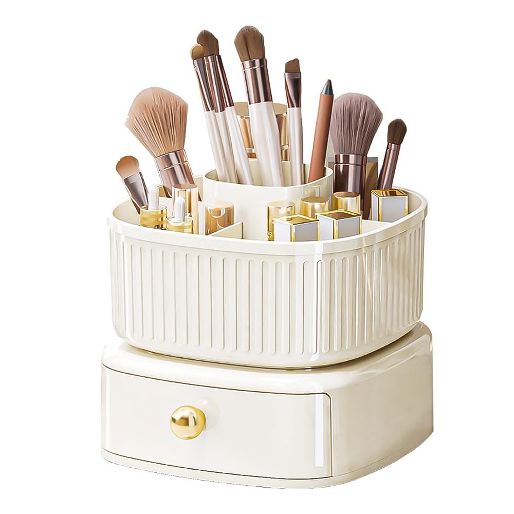 MININUSI Organizador de Maquillaje Brochas y Lapices Portalapices Escritorio Giratorio Organizador para Brochas de Maquillaje Porta Brochas de Maquillaje 5 Compartimentos 1 Cajon, Blanco 16 * 14cm
