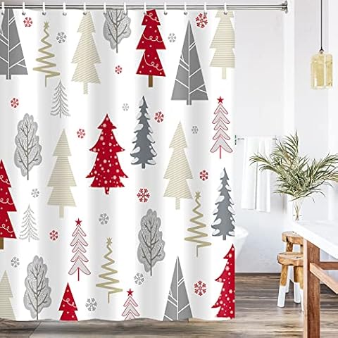 Amtoodopin Christmas Shower Curtain Xmas Pine Trees Snowflakes Bathtub Decor Winter Holiday Cartoon Bath Curtain Happy New Year Farmhouse Bathroom Curtain Set with Hooks Cover