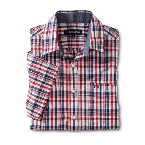 Rick Armand Maritimes Seersucker-Hemd – Herren Kurzarm, Karierte Freizeit-Bekleidung/luftiger Sommer-Stoff, Baumwolle (DE/NL/SE/PL, Alphanumerisch, M, Regular, Regular, Rot-Blau)