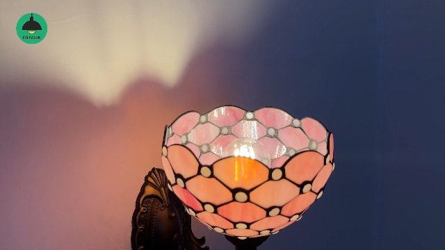 Image of Tiffany Wall Sconce Hand-Weld Stained Glass Bedside Lamp with Classic 8 Inches Lampshade for Bedroom Hallway Living Room Home Office (Pink)
