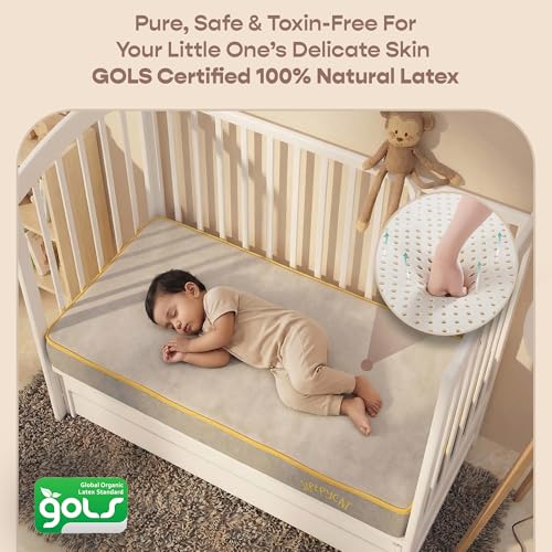 Image of SleepyCat Natural Latex Baby Mattress | Firm Support for Healthy Spinal Growth & Development | Toxin-Free GOLS Certified 100% Natural Latex Crib Mattress | Soft, Waterproof Cover (Grey, 52x28x4 inch)