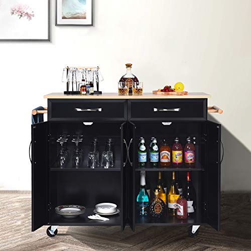 Kitchen Island on Wheels Kitchen Cart Trolley with Storage, Drawers, Cabinet, Towel Rack and Rubber Wood Top Kitchen Cart with Lockable Wheels for Home Hotel Kitchen Dinning Room, Black