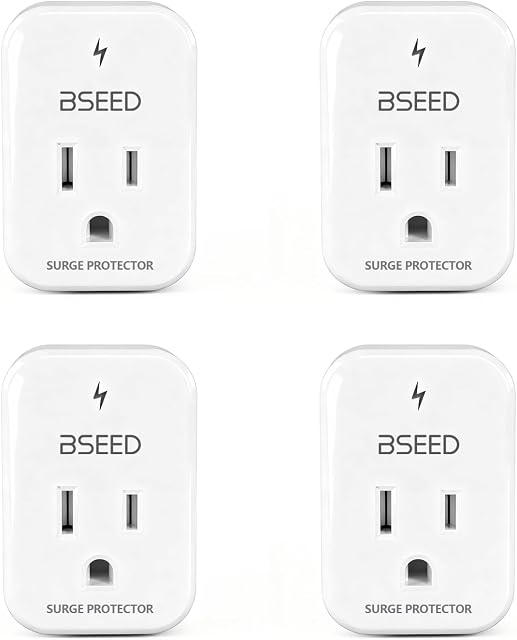 BSEED 1620 Protecteur de surgélation à simple sortie de joules, 1800W Mini Protecteur de surpression pour réfrigérateur, PC, TV, Xbox, PS5, Appareils ménagers, protecteur de tension avec LED Indicateur 120V, paquet de 4