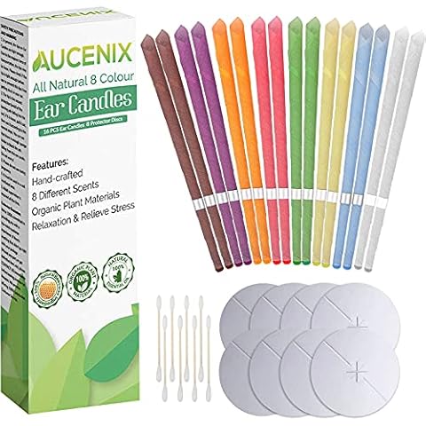 Hopi Ear Candles, Aucenix All Natural Ear Wax Remover Candles for Blocked Ears- 16 Pcs (8 Colors), Organic Scented Aroma Beeswax Aromatherapy Candle with 8 Pcs Protective Disks Cover