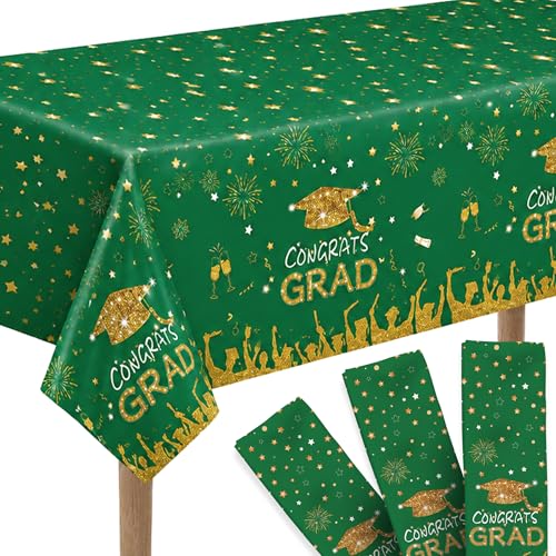 Image of KatchOn Graduation Decorations 2026, Green and Gold Graduation Tablecloth Pack of 3, 108x54 Inch, Congrats Grad Tablecloth | Green Tablecloth for Class of 2026 Congrats Grad Table Covers