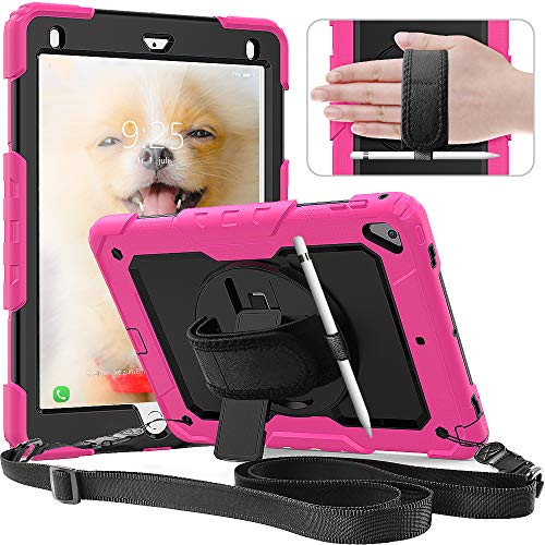 Timecity iPad 6th/5th Generation Case (2018/2017 Release),iPad Pro 9.7/Air 2 Case (2016/2014 Release).Heavy Duty Protective Cover with Built-in Screen Protector Pencil Holder Strap Stand-Rose+Black