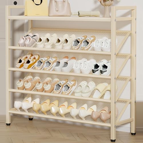 Narrow Shoe Storage Organizer, Modern Tilting Metal Shoe Rack with Top Shelf, Space-Saving for Entryways, Closets, Hallways, Dorm Rooms (White, L 90cm x W 19cm x H 65cm)