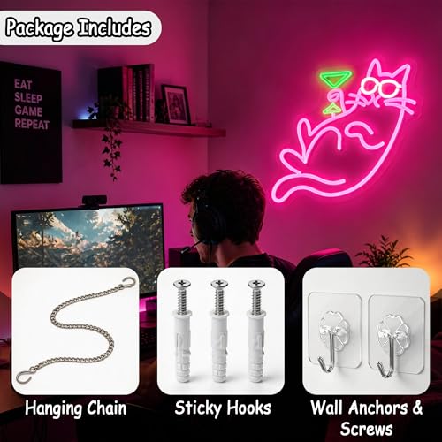 Image of Whfobfe Pink Neon Sign Led Neon Lights Signs for Wall Decor USB Powered Led Signs for Room Decoration-Cocktail Cat