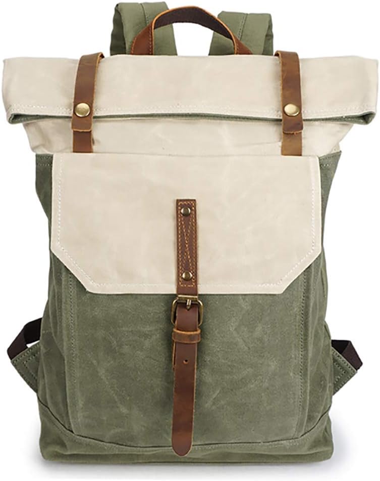 Roll Top Canvas Backpack, Hiking Daypacks Satchel Bookbag Vintage Water-Proof Waxed Leather Laptop Bag 15.6inch College Studenet Backpack for Men Women