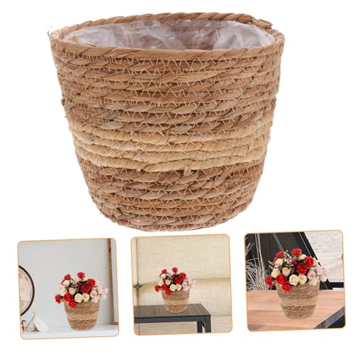 ibasenice Cesto de Esparto con Forro Macetero Rústico para Plantas y Flores Cesta Decorativa para Interior y Jardín Versátil y Natural