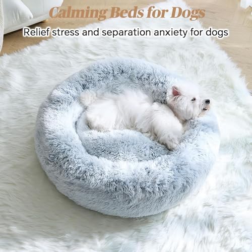 Image of ZEXSAZONE Plush Donut Dog Bed for Dogs & Cats | Soft Calming Anti-Anxiety Pet Bed | Warm Cozy Winter Dog Bed for Puppies | Washable Round Bed (Grey Small)
