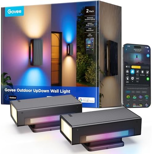 Govee Outdoor UpDown Wall Light, 2 Pack, 1200LM RGBICWW Smart Porch Lights Outdoor with 64 Scene Modes, IP66 Waterproof Wall Sconce for Outdoor Decor, Works with Alexa, Google Assistant and Matter