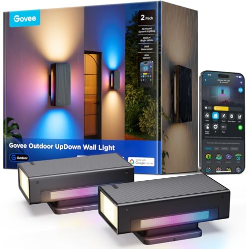 Govee Outdoor UpDown Wall Light, 2 Pack, 1200LM RGBICWW Smart Porch Lights Outdoor with 64 Scene Modes, IP66 Waterproof Wall Sconce for Outdoor Decor, Works with Alexa, Google Assistant and Matter by Govee - Used condition - US$201.92