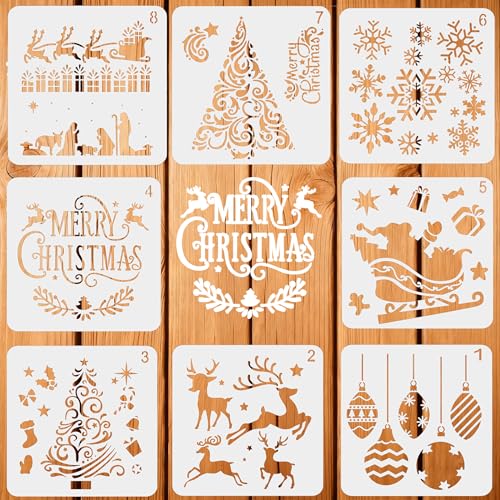 LYPER 8Pcs Weihnachtsschablonen Xmas Weihnachtsmann Weihnachtsbaum Schneeflocken Glocken Rentier Schablone Template Sets, Wiederverwendbare Kunststoff Craft Schneeflocke für DIY Weihnachtsdekoration