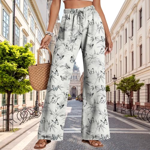 Womens Butterfly Print Pants Summer Casual Drawstring Waist Pants Floral Dragonfly Graphic Trousers Lightweight4